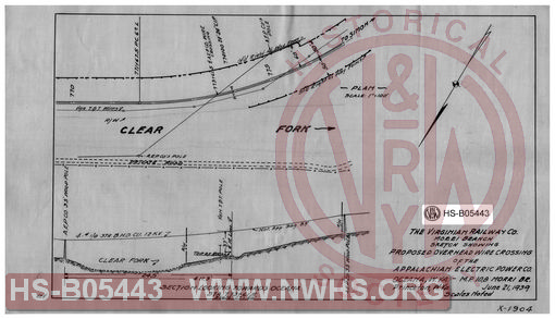 Virginian Railway Co., Morri Branch sketch showing proposed overhead wire crossing of the Appalachian Electric Power Co.; Oceana, W.VA.- MP-10.8, Morri Br., Princeton, W.VA., Scales noted.