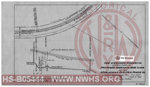 Virginian Railway Co., sketch showing proposed overhead wire X-ing of the Appalachian Electric Power Co., North Pearisburg, VA., MP-314.4; Princeton, W.VA.; Scales noted.