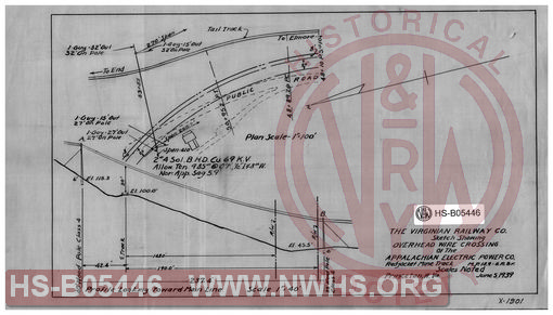 Virginian Railway Co., Sketch showing overhead wire crossing of the Appalachian Electric Power Co.; Redjacket Mine track, MP-18.9- G.R. Br.; Princeton, W.VA.; Scales noted.