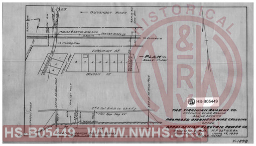 Virginian Railway Co., Guyandot River Branch; sketch showing proposed overhead wire crossing of the Appalachian Electric Power Co.; Baileysville, W.VA., MP-G.R. Br.; Princeton, W.VA., scales noted.