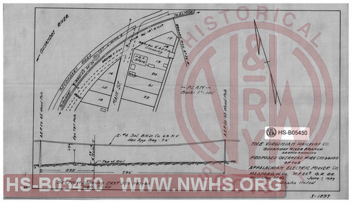 Virginian Railway Co., Guyandot River Branch; sketch showing proposed overhead wire crossing of the Appalachian Electric Power Co.; Medford, W.VA., MP-25.9, G.R. Br.; Princeton, W.VA., scales noted.