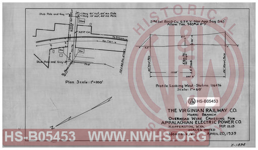 Virginian Railway Co., Morri Branch overhead wire crossing for Appalachian Electric Power Co., Kopperston, W.VA., MP-15.15; Norfolk, VA., scales noted.