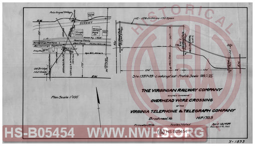 Virginian Railway Co., Sketch showing overhead wire crossing of the Virginia Telephone & Telegraph Co.; Brookneal, VA.; MP-170.3; Princeton, W.VA., scales noted.