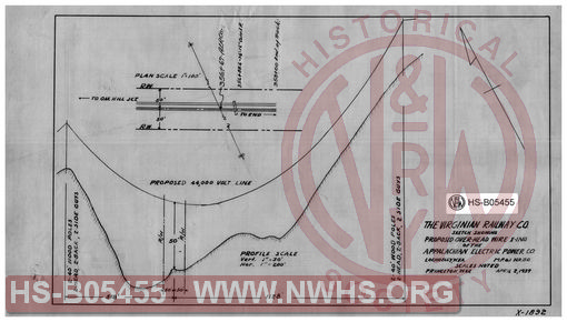 Virginian Railway Co., sketch showing proposed overhead wire X-ing of the Appalachian Electric Power Co., Lochgelly, W.VA.; MP-6.1, W.O.Br.; Princeton, W.VA., Scales noted.