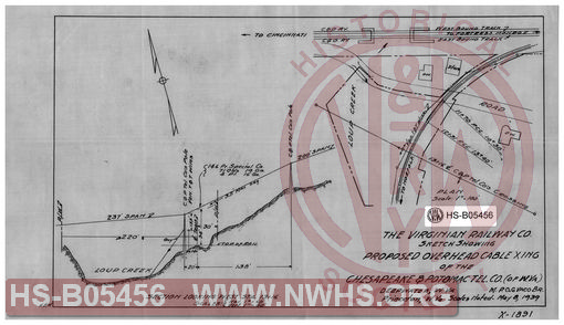 Virginian Railway Co., sketch showing proposed overhead cable X-ing of the C&P Tel. Co. of W.VA.; Deepwater, W.VA.- MP-0.6, VACO Br. ; Princeton, W.VA.; scales noted