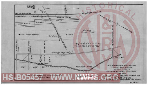 Virginian Railway Co., Winding Gulf Branch sketch showing overhead wire crossing of the Appalahian Electric Power Co., MP-0.8, W.G. Br., Princeton, W.VA., scales noted.