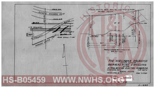 Virginian Railway Co., Sketch showing overhead wire crossing of the Appalachian Electric Power Co., Herndon, W.VA.; MP-367.8; Princeton, W.VA., scales noted