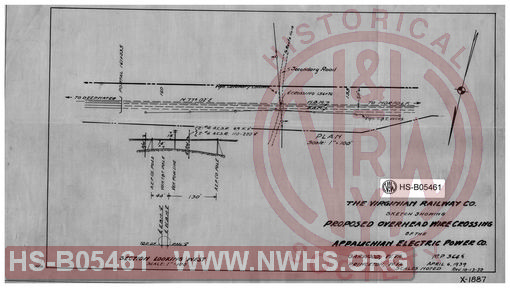 Virginian Railway Co., Sketch showing proposed overhead wire crossing of the Appalachian Electric Power Co., Garwood, W.VA., MP-364.6; Princeton, W.VA.