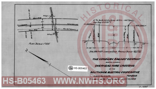 Virginian Railway Co., Sketch showing overhead wire crossing of the Southside Electric Cooperative; Long Island, VA.; MP-180.8; Princeton, W.VA.