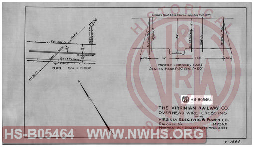 Virginian Railway Co., overhead power wire crossing for the Virginia Electric & Power Co., Colosse, VA., MP-36.0; Norfolk, VA- scales noted.