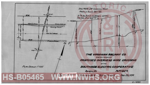 Virginian Railway Co., Sketch showing proposed overhead wire crossing of the Southside Electric Cooperative; Aspen, VA.; MP-162.9; Princeton, W.VA., scales noted