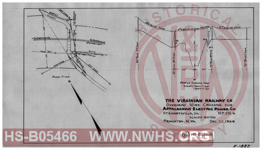 Virginian Railway Co., Overhead wire crossing for Appalachian Electric Power Co., Stewartsville, VA., MP-231.6; Princeton, W.VA., scales noted