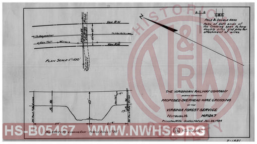 Virginian Railway Co., sketch showing proposed overhead wire crossing of the Virginia Forest Service, Nutbush, VA., MP-124.7; Princeton, W.VA., scales noted.
