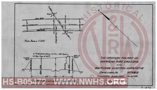 Virginian Railway Co., overhead wire crossing of the Southside Electric Cooperative, Danieltown, VA. MP-102.2; Princeton, W.VA.; Scales noted