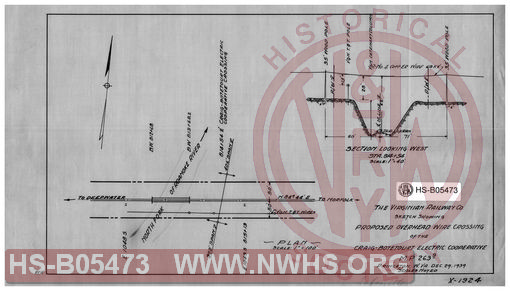 Virginian Railway Co., sketch showing proposed overhead wire crossing of the Craig-Botetourt Electric Cooperative, MP-263.9; Princeton, W.VA., scales noted.