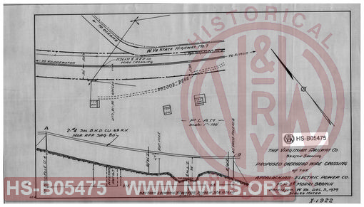 Virginian Railway Co., sketch showing proposed overhead wire crossing of the Appalachian Electric Power Co., MP- 4.4, Morri Branch; Princeton, W.VA., Scales noted
