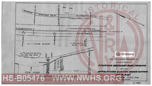 Virginian Railway Co., Sketch showing proposed overhead wire crossing of the Appalachian Electric Power Co.; MP-319.1; Princeton, W.VA.