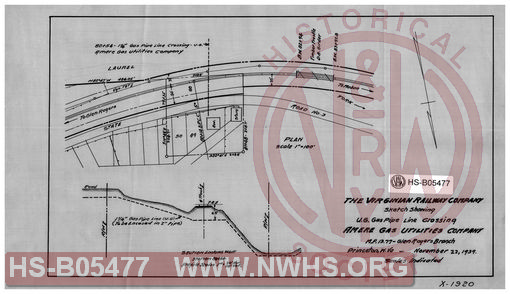 Virginian Railway Co., Sketch showing U.G. gas pipe line crossing, Amere Gas Utilities Company, MP-13.77; Glen Rogers Branch; Princeton, W.VA, scales indicated.