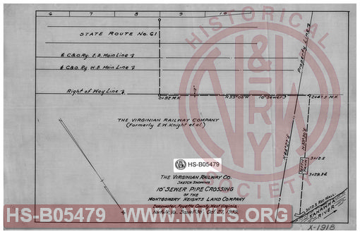Virginian Railway Co., Sketch showing 10" sewer pipe crossing of the Montgomery Heights Land Company; Deepwater, Fayette County, W. VA.; Norfolk, VA.; Scale: 1"=30'.