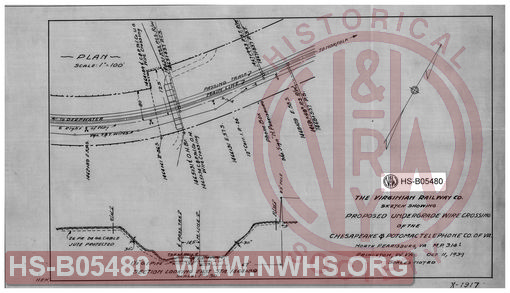 Virginian Railway Co., Sketch showing proposed undergrade wire crossing of the Chesapeake & Potomac Telephone Co. of VA.; North Pearisburg, VA.; MP-314.1; Princeton, W.VA., scales noted.