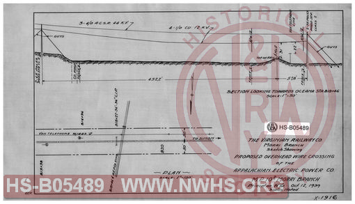 Virginian Railway Co., Morri Branch sketch showing proposed overhead wire crossing of the Appalachian Electric Power Co.; Oceana, W.VA.- MP-10.2, Morri Br., Princeton, W.VA., Scales noted.