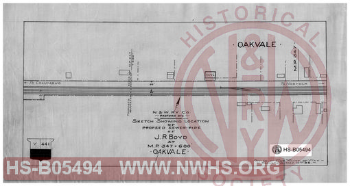 N&W Ry. Co., Radford Div., sketch showing location of Proposed sewer pipe of J.R. Boyd at MP-347+690'; Oakvale