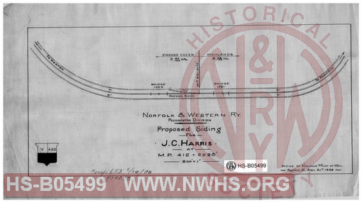 Norfolk & Western Ry., Pocahontas Division; Proposed siding for J.C. Harris at MP-412+2025'; 1"=200'.