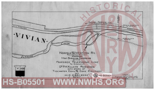 Norfolk and Western Ry.,  Pocahontas Division, map showing crossing of the proposed telephone line to connect Dr. P.H. Killey's residence with store of Tidewater Coal and Coke Company at MP-390+3000'; scale 1"=200'