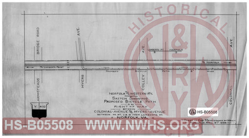 Norfolk and Western Ry., Sketch showing proposed bicycle path on Right of Way between Colonial Ave. and Myers Ave. between MP-1 & 3 from Lamberts Pt., Norfolk, VA.