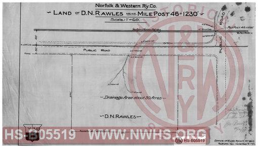 Norfolk & Western Ry. Co., Land of D.N. Rawles near Mile Post 45+1230'. Scale: 1"=60'. Drainage area about 30 acres.