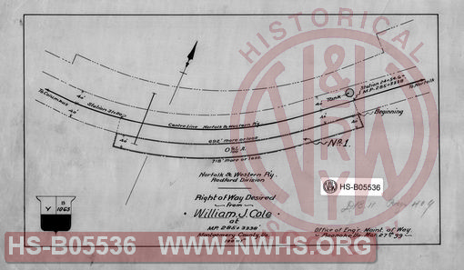 Norfolk & Western Ry., Radford Div., Right of Way desired from William J. Cole at MP- 285+3338. Scale: 1"=100'. Montgomery County, VA.