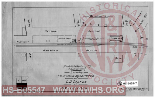 Norfolk & Western Ry., Pulaski Division; Location proposed warehouse of L.D. Calfee at Wytheville, MP-336+3758. Scale: 1"=100'