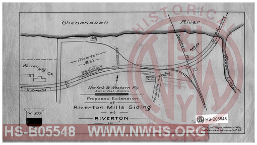 Norfolk & Western Ry., Shenandoah Division. Proposed extension of Riverton Mills siding at Riverton, MP59+908'; Scale: 1"=200'.