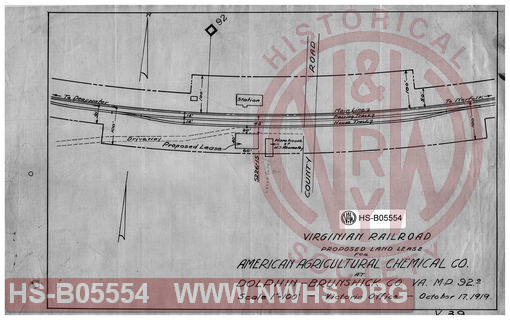 Virginian Railroad proposed land lease for American Agricultural Chemical Co., at Dolphin- Brunswick Co., VA.; MP-92.0; Scale: 1"=100'; Victoria Office.