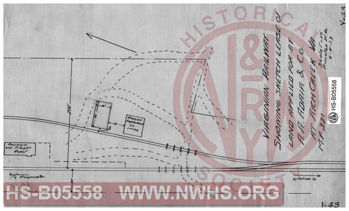 Virginian Railway showing sketch lease of land applied for by A. A. Adair & Co. at Rich Creek, VA; MP-321; Scale: 1"=50'.