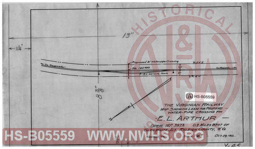 Virginian Railway map showing lease for proposed water pipe crossing for E. L. Arthur, oper. MP-397.3, 0.9 miles west of Glen White Juct., Raleigh County, W.VA., Scale 1"=100'.