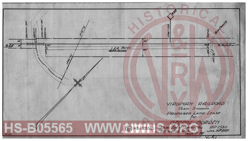 Virginian Railroad plan showing proposed land lease for George Borden, 1.6 miles east of Sears, VA.; MP- 255.0; Scale: 1"=200'.