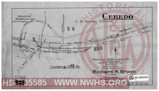 Map of land to be deeded by Richard R. Brown, situate at Ceredo, Wayne County, W.VA.; Norfolk & Western Ry., Ohio Extension, Scioto Valley Div.;