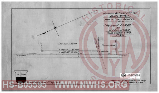 Map of land desired from Sherman T. Yaple, at MP- 665+1739.4. Ross County, Ohio. Norfolk & Western Ry., Scioto Division,