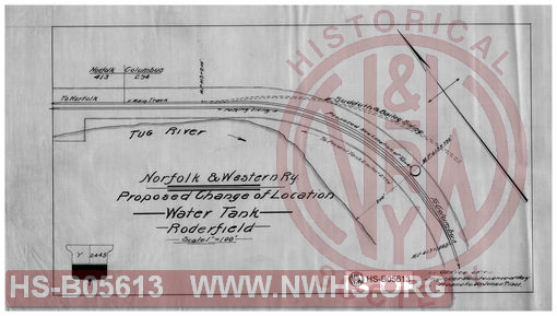 Proposed change of location; Water tank; Roderfield, MP-413-1005. Norfolk & Western Ry.,
