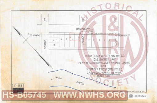Norfolk & Westery Ry. Co., Big Sandy Line, Plat of land quit claimed unto Geo. L. Vinson unto N&W R. Co., Cassville, Wayne Co., W.Va