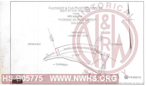 Guyandot & Tug River Railroad Company, Right of way required from Mrs. Wm. Cook, Wyoming County, West Virigina