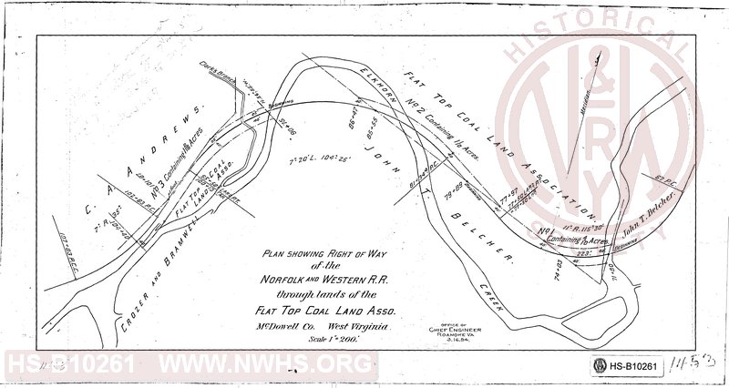 Plan showing Right of Way of the N&W RR through the land of Flat Top Coal Land Asso, McDowell Co, W. Va