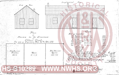 Plan of House to be Erected on Elkhorn Creek for use of engineers , West VA and Ohio RR