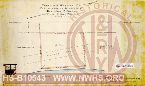 Norfolk & Western R.R., Plat of land to be deeded by Mrs. Mary A. Sarver, 839' west of mile post 323 N.