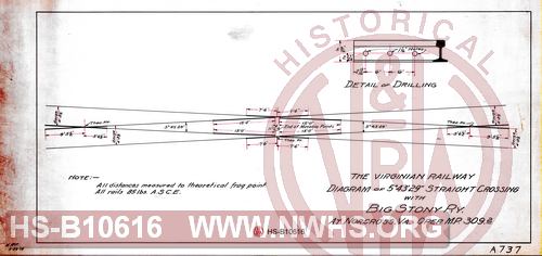 The Virginian Railway diagram of 5 43' 29" straight crossing with Big Stony Ry. at Norcross, VA Oper. M.P. 309.2