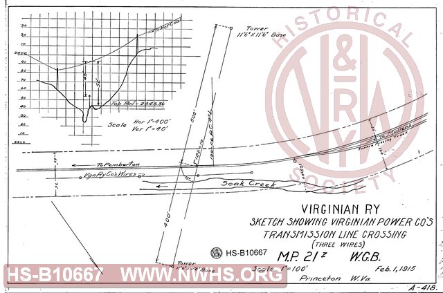 Sketch Showing Virginian Power Company's Tramsmission Line Crossing (three wires), MP 21.7 Winding Gulf Branch.