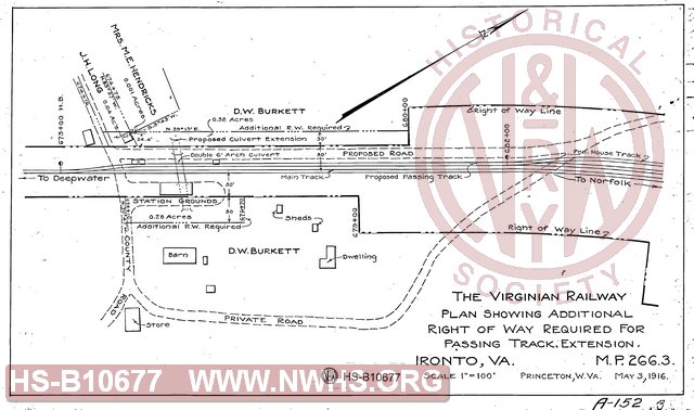 Plan Showing Additional Right of Way Required for Passing Track Extension, Ironto VA, MP 266.3