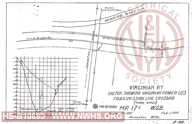 Sketch Showing Virginian Power Co.s Transmission Line Crossing (three wires), MP 17.1 Winding Gulf Branch.