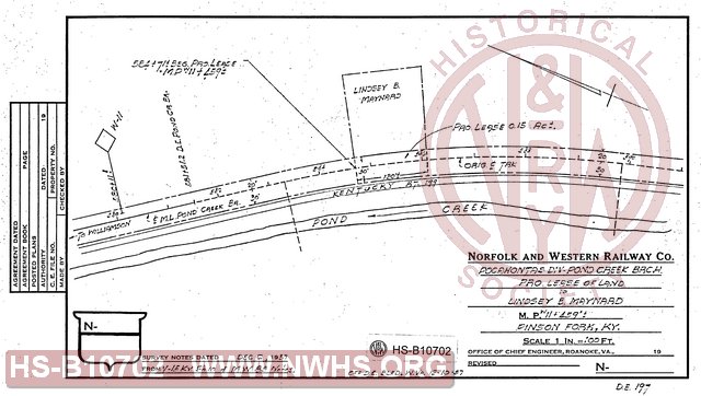 Pond Creek Branch, Proposed Lease of Land to Lindsey B. Maynard, MP W11+459', Pinson Fork, KY, .